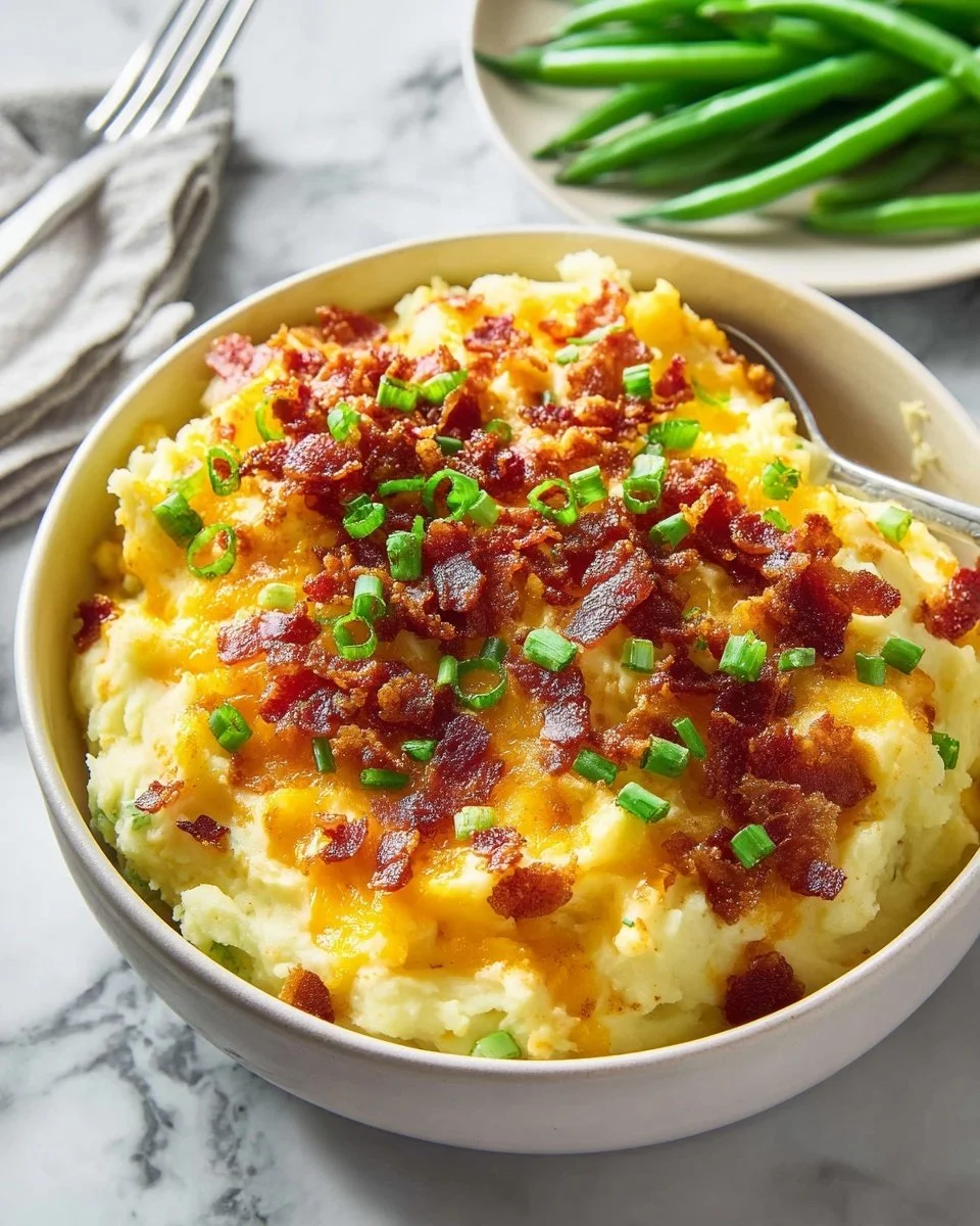 Delicious loaded mashed potatoes topped with cheese, bacon, and chives.