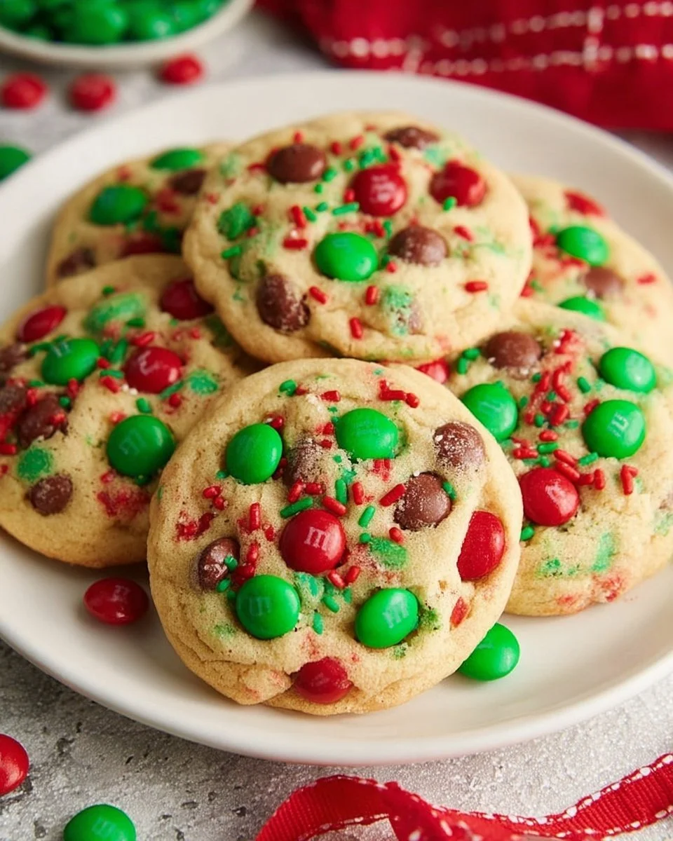 Colorful M&M Christmas cookies on a festive holiday plate.