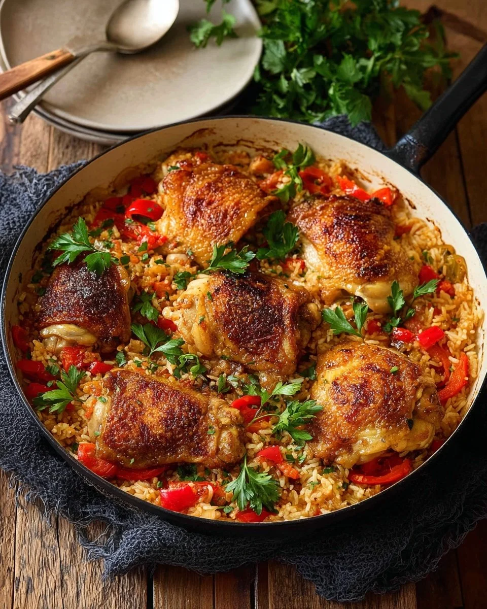 Delicious One Pot Chicken and Garlic Rice dish garnished with herbs