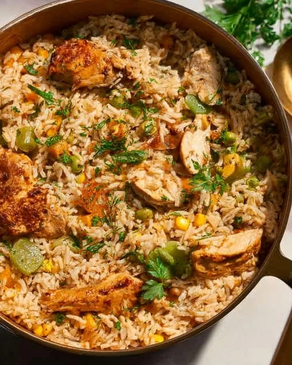 Delicious one-pot chicken and rice dish served with fresh herbs