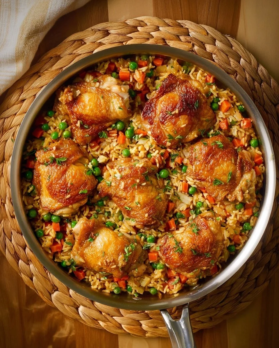 Delicious one pot chicken and rice dish served in a rustic bowl with vegetables