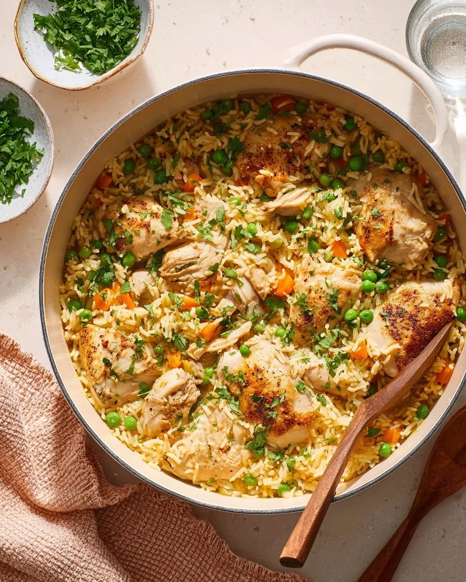 One Pot Chicken and Rice dish garnished with herbs in a skillet.