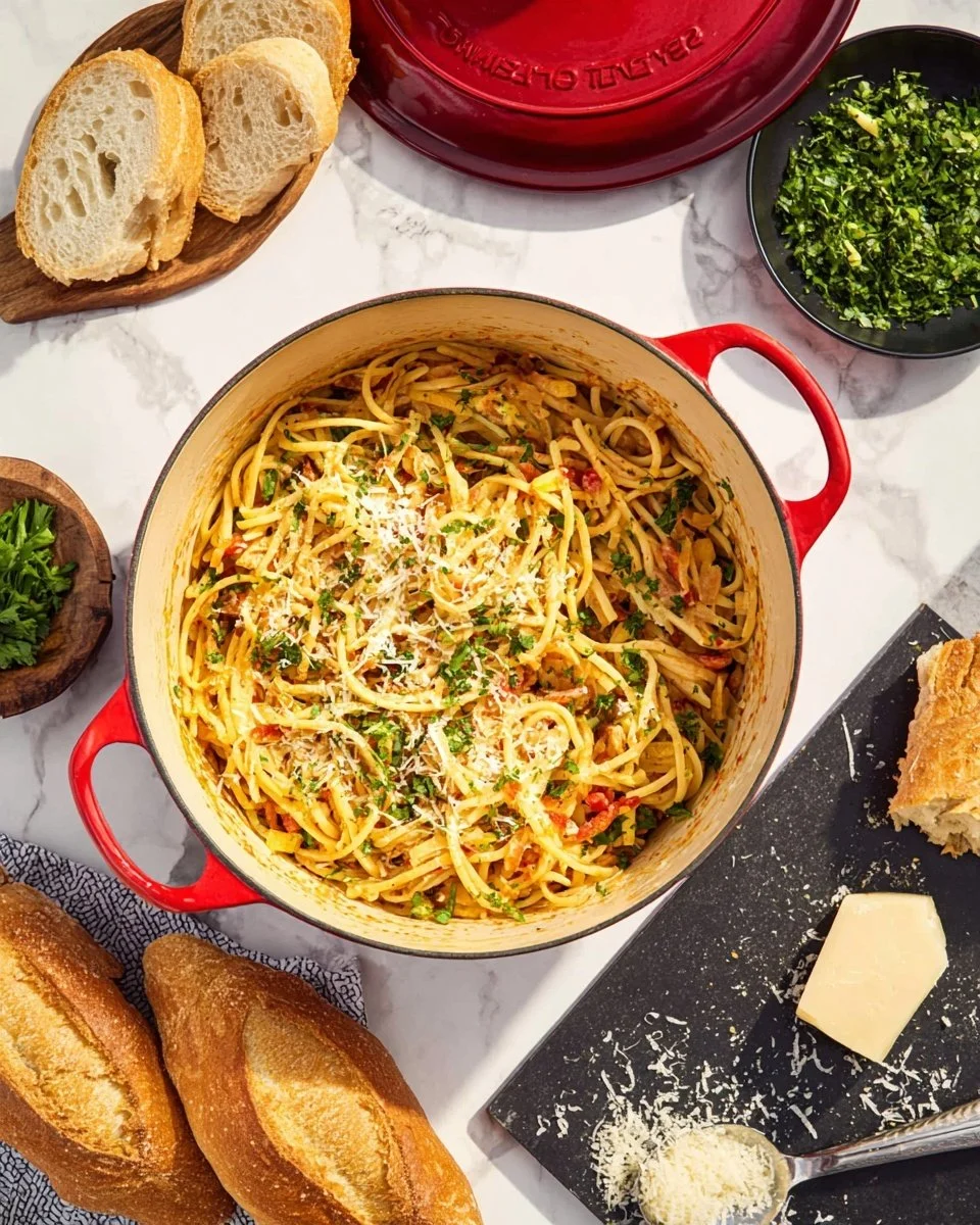 One Pot Italian Chicken Pasta with fresh ingredients in a skillet