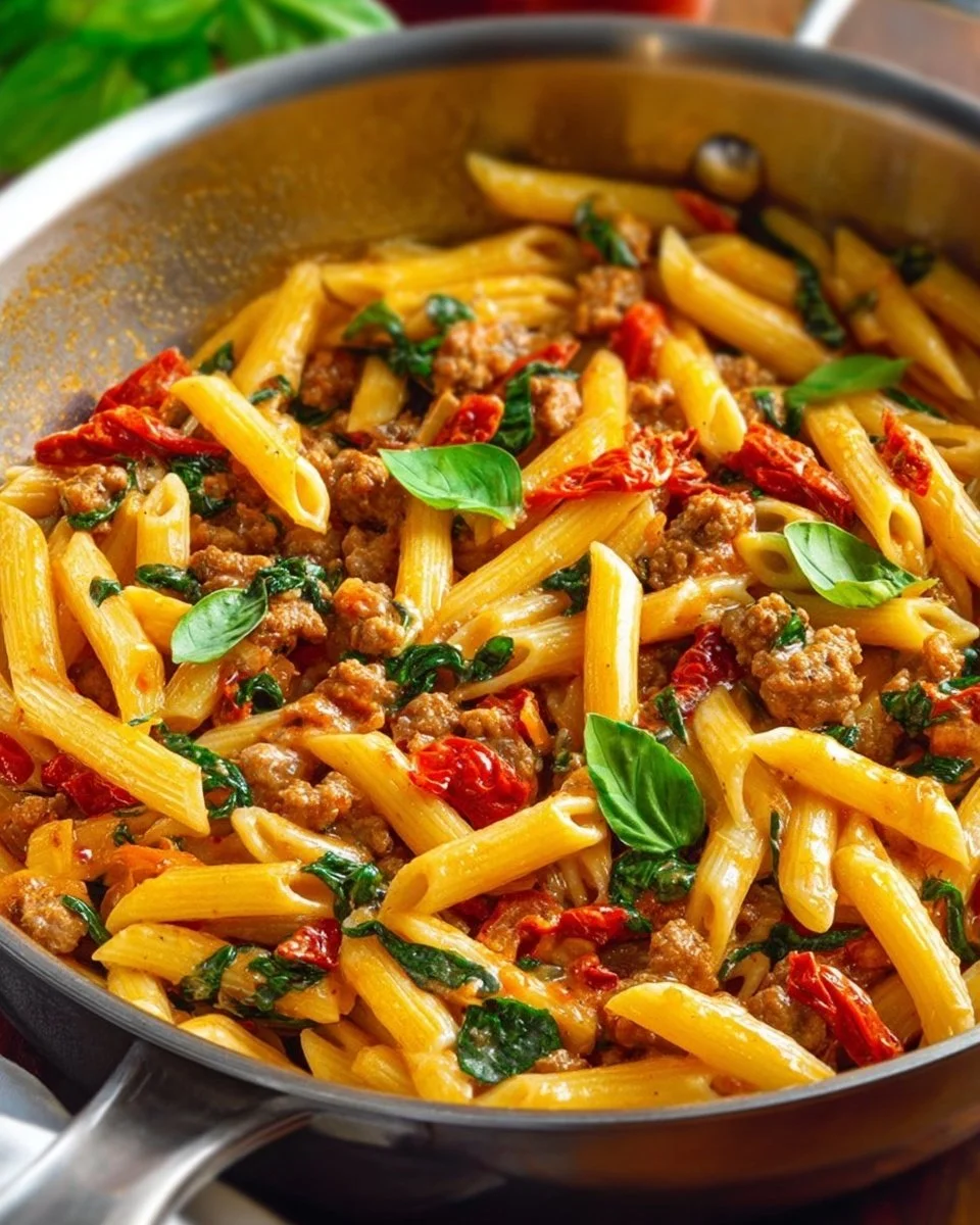 Delicious one pot Italian sausage and tomato basil pasta dish on a table