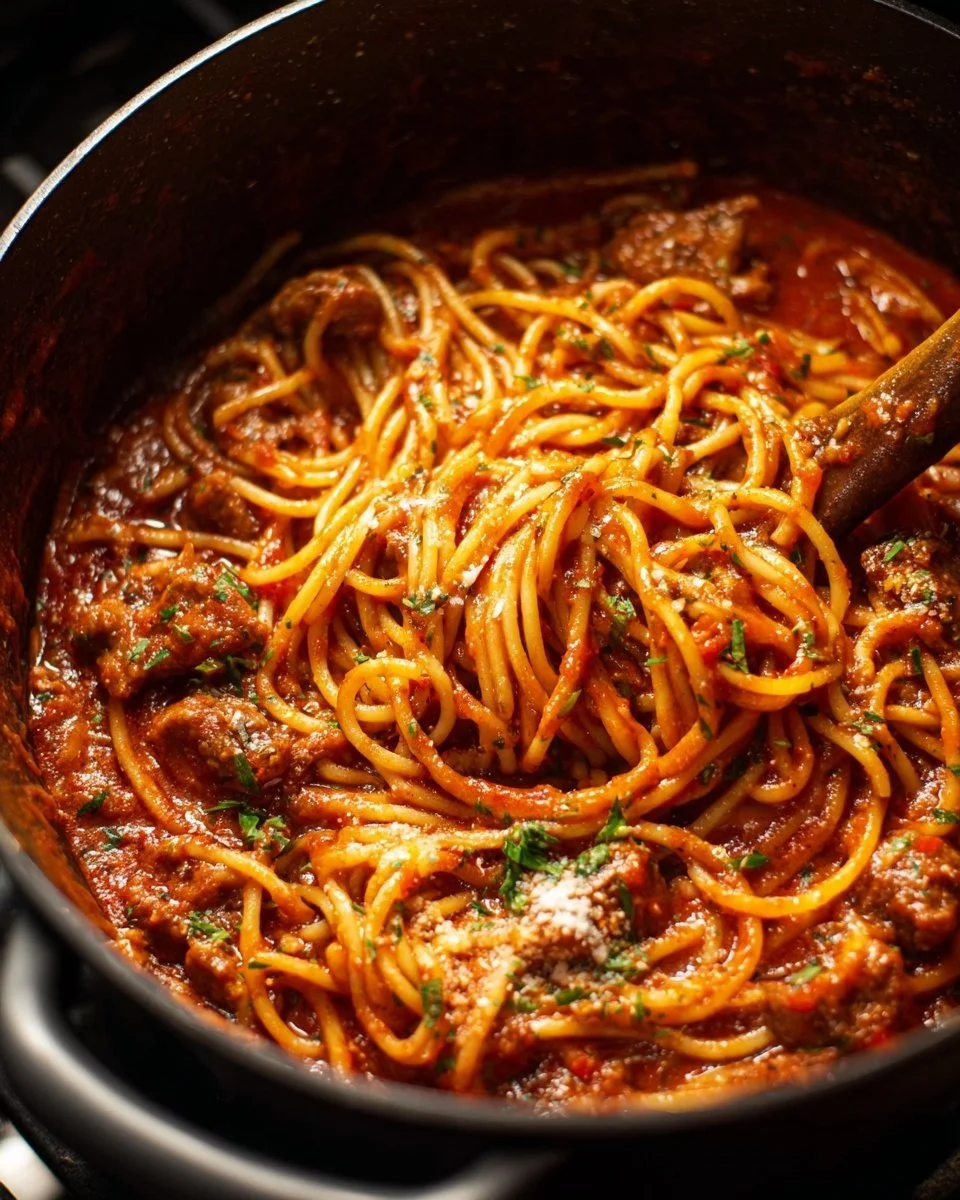 One pot Italian sausage pasta dish with vibrant vegetables and cheese