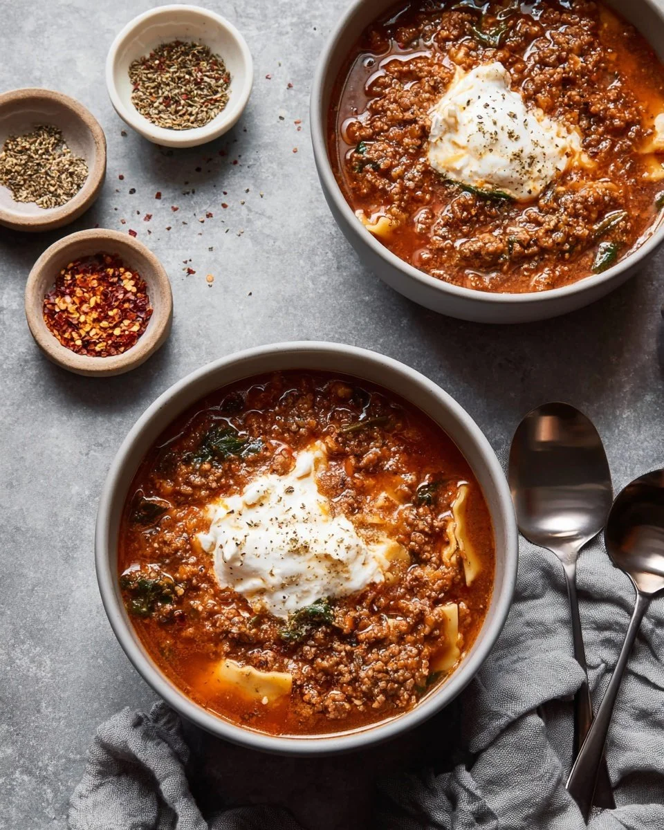 A comforting bowl of one pot lasagna soup with melted cheese and herbs.