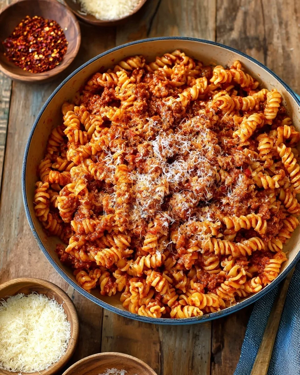 One pot pasta dish with Italian sausage and fresh ingredients