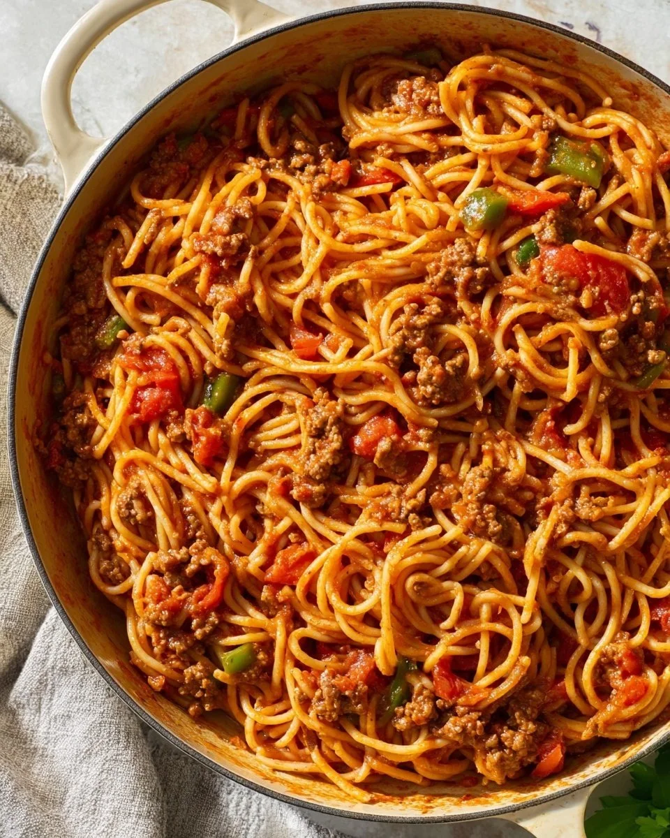 One Pot Spaghetti dish served with fresh herbs and cheese