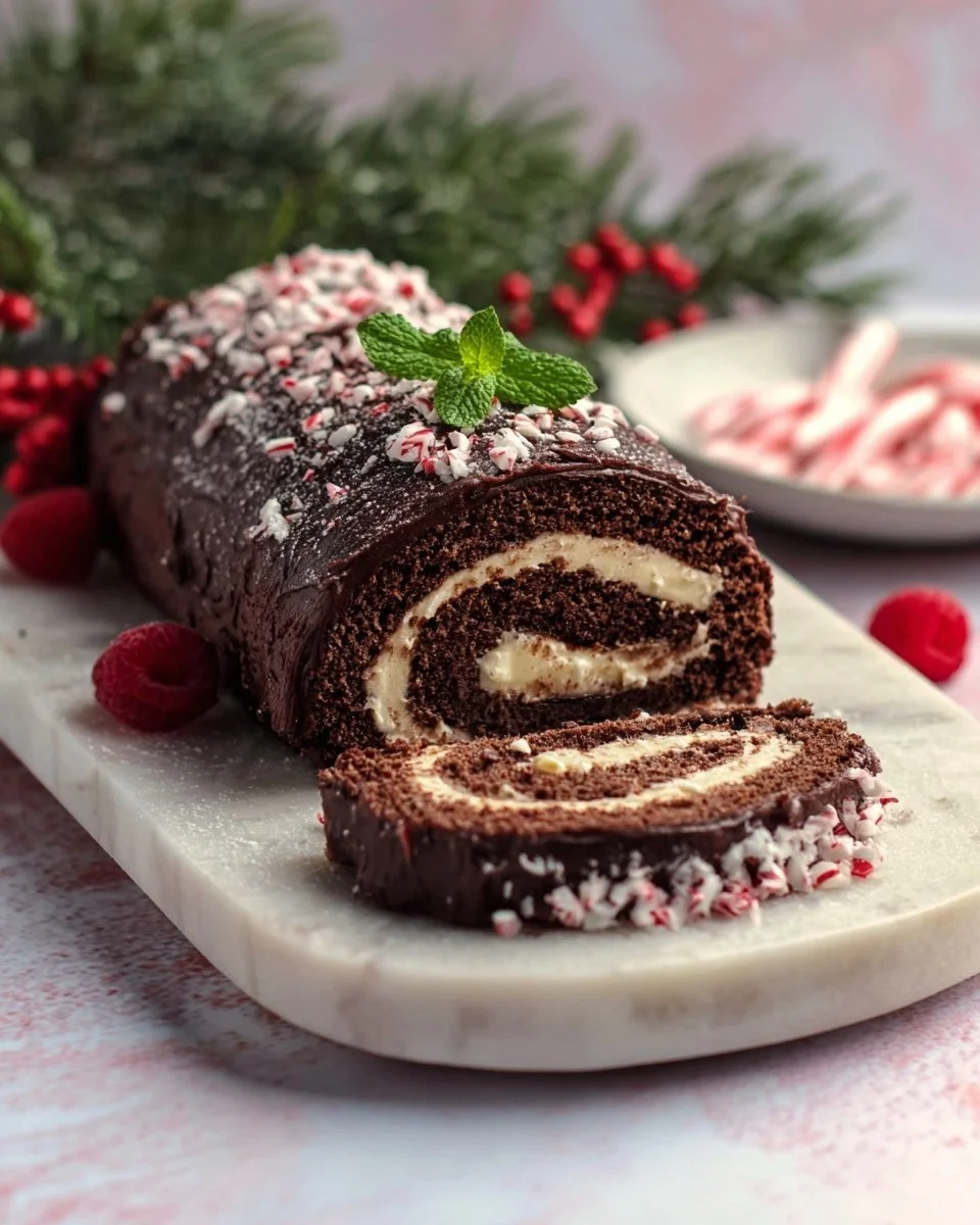 Peppermint Ganache Swiss Roll Cake with a festive decoration