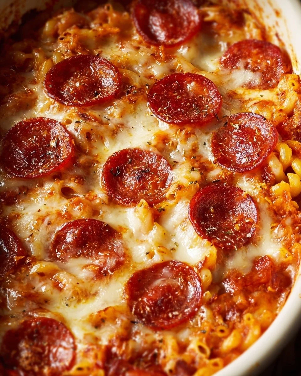 Delicious Pizza Casserole with cheese, pepperoni, and fresh vegetables.