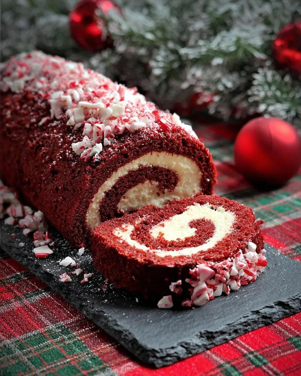 Delicious Red Velvet Cake Roll with cream cheese frosting and red velvet layers