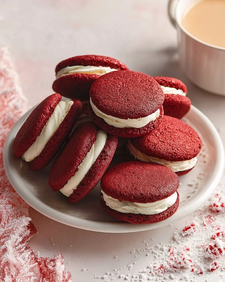 Red Velvet Sandwich Cookies with cream filling on a plate