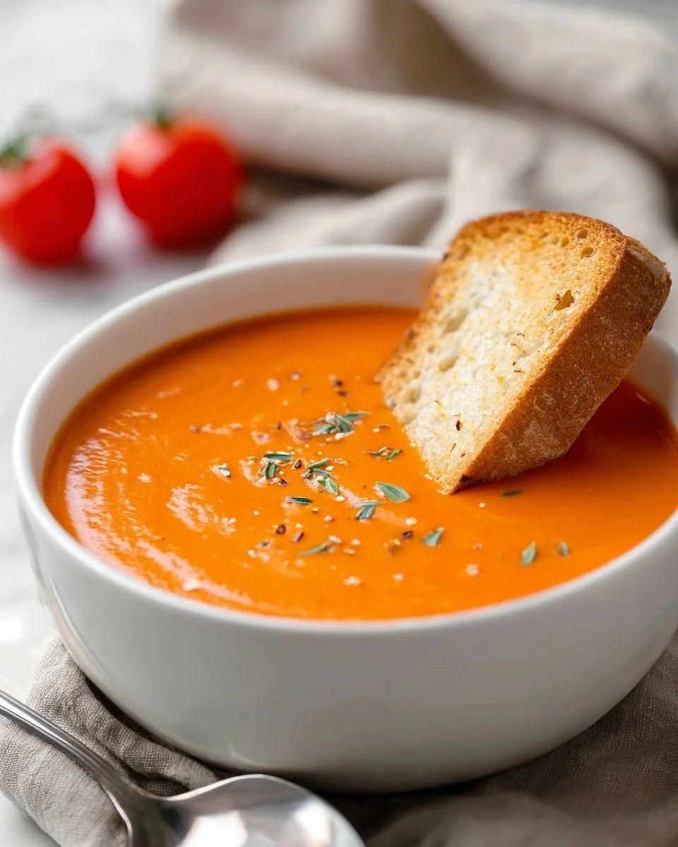 Bowl of delicious roasted tomato soup garnished with herbs and croutons