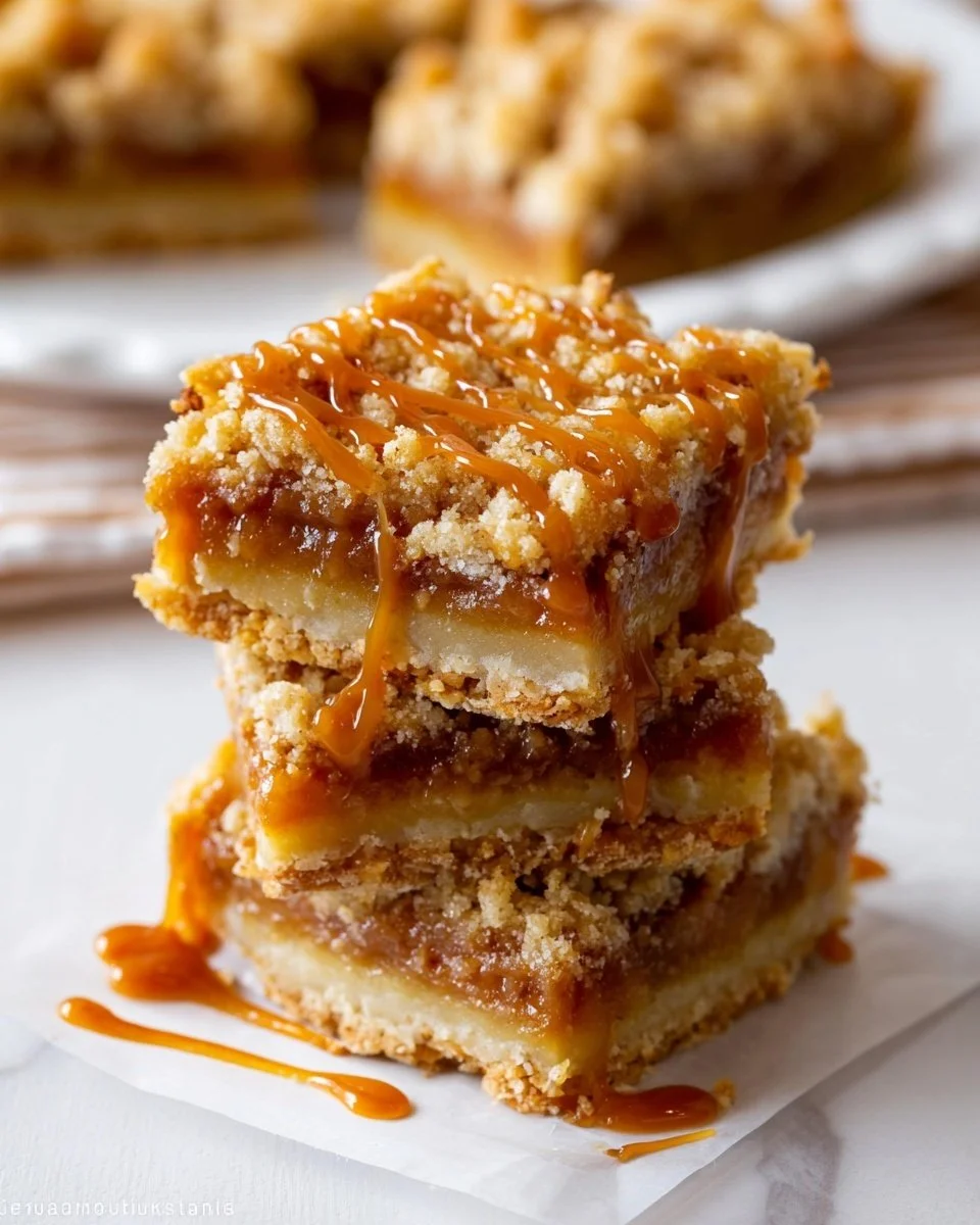 Delicious salted caramel apple pie bars with a crispy crust and apple filling.