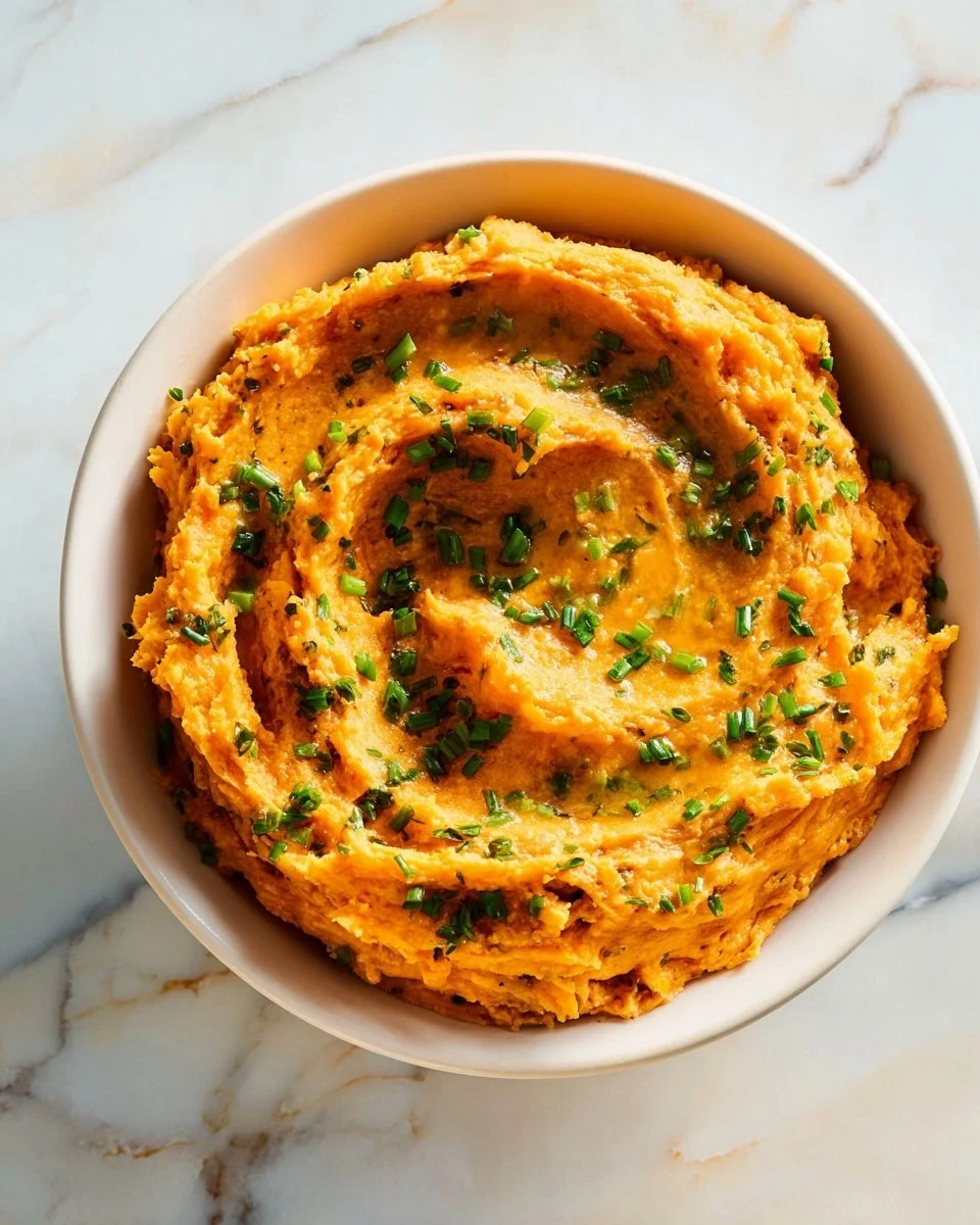 Bowl of savory mashed sweet potatoes topped with herbs and spices