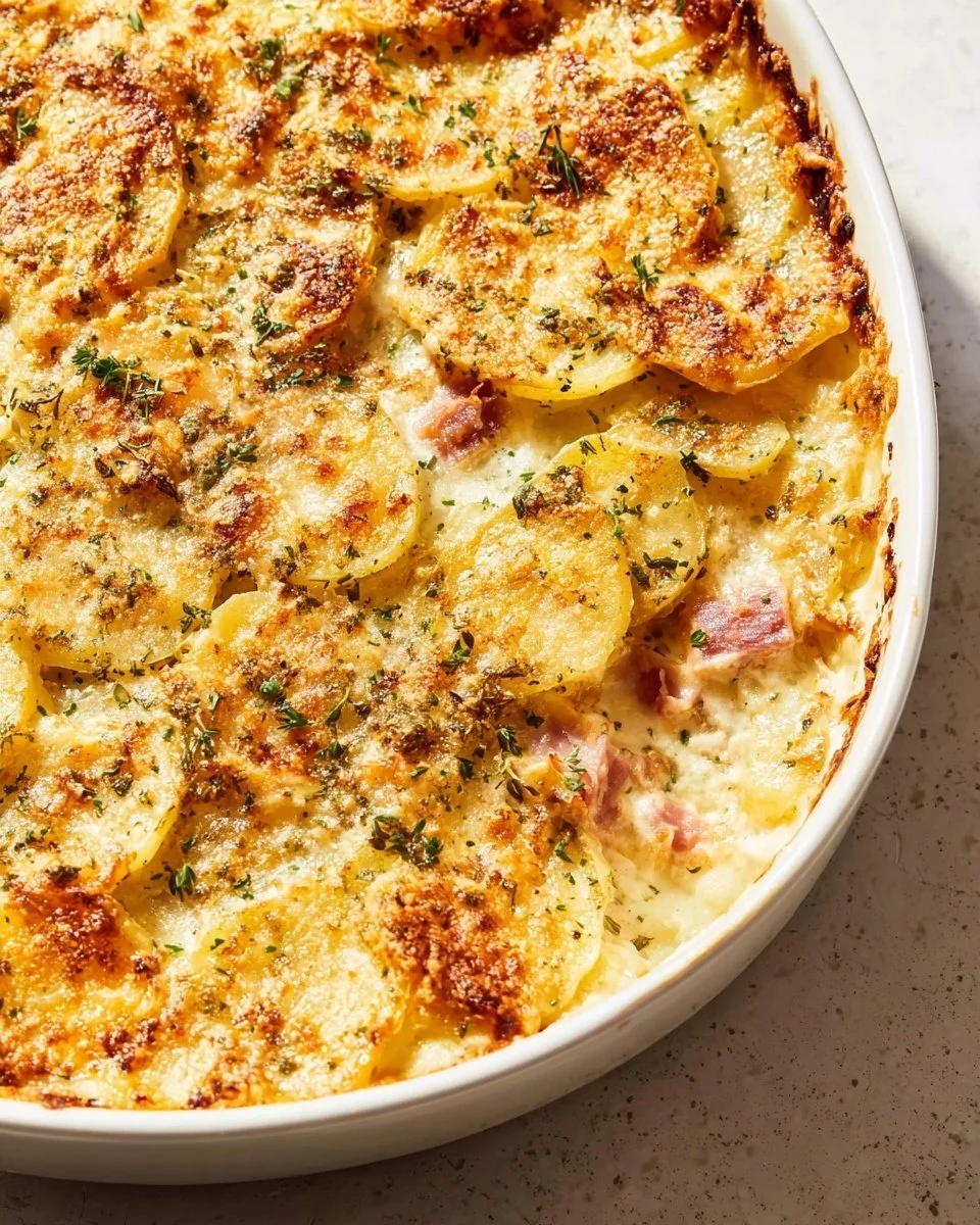 Delicious scalloped potatoes with ham, a comforting casserole dish.