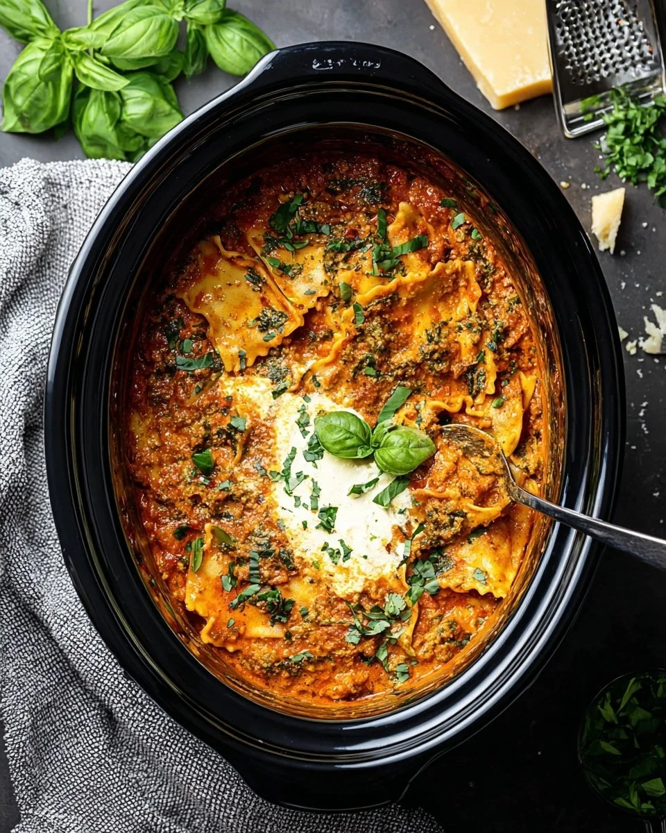 A bowl of delicious Slow Cooker Lasagna Soup topped with cheese and herbs.