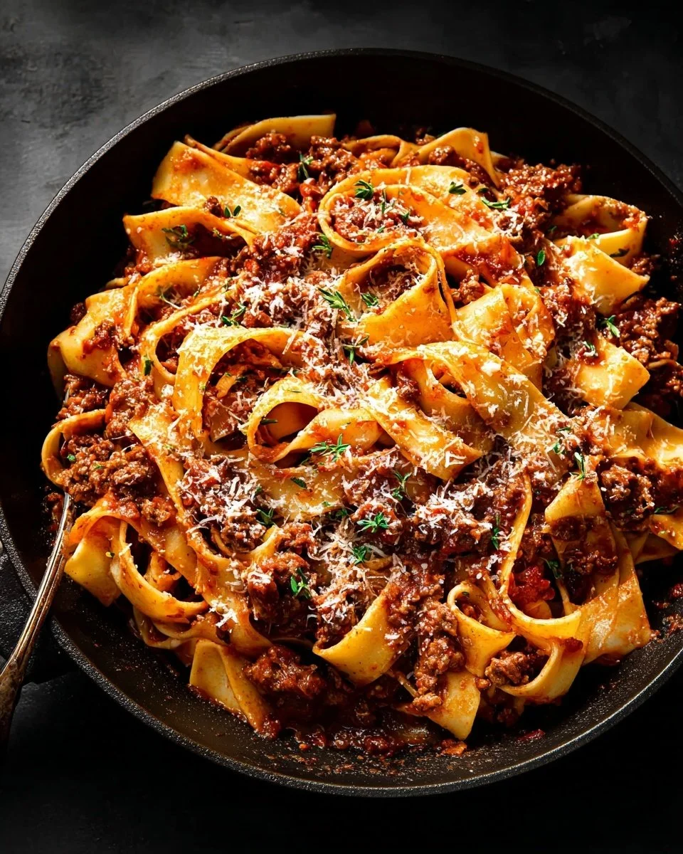 Plate of slowly braised beef ragu served with pasta
