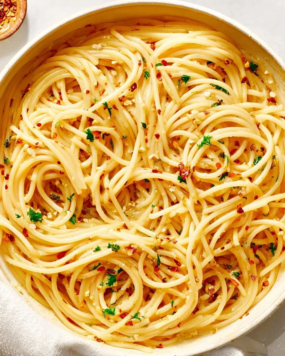 Spaghetti with garlic and oil garnished with parsley on a plate