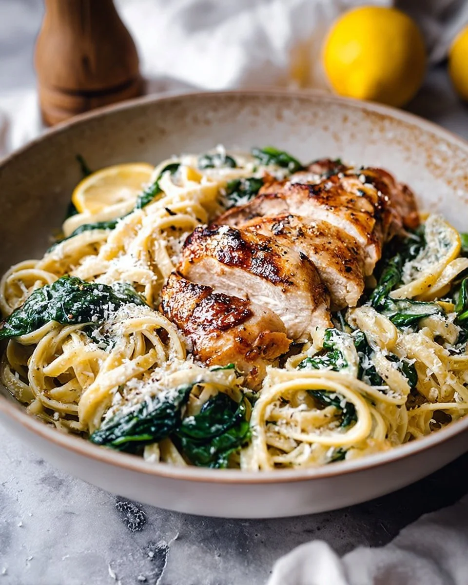Spinach ricotta pasta served with lemon butter chicken in a vibrant dish