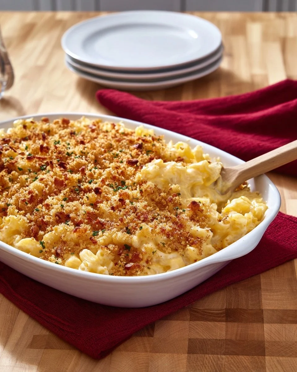 Creamy and cheesy ultimate holiday macaroni and cheese dish served in a festive setting